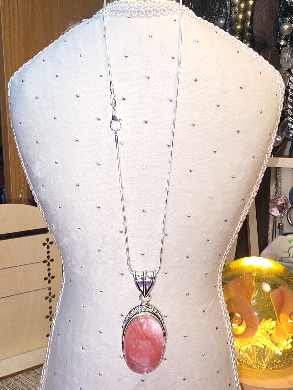 Silver Necklace with Pink Oval Stone Pendant - Elegant Women's Jewelry